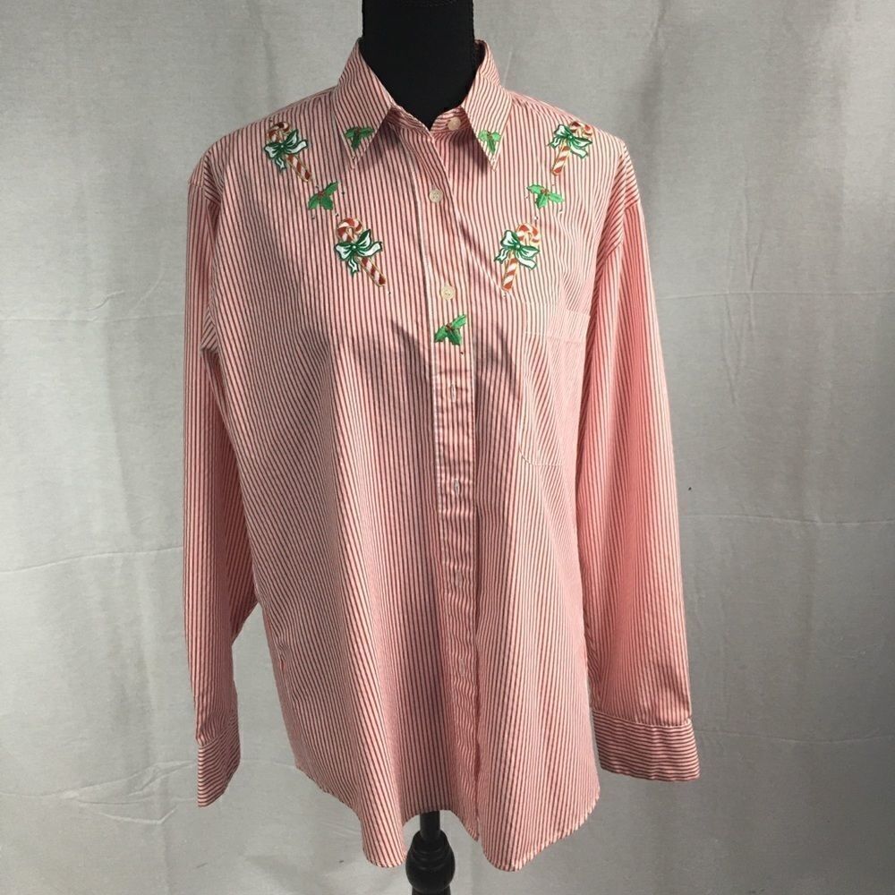Medium Christmas blouse striped red white embroidered designs collared buttons